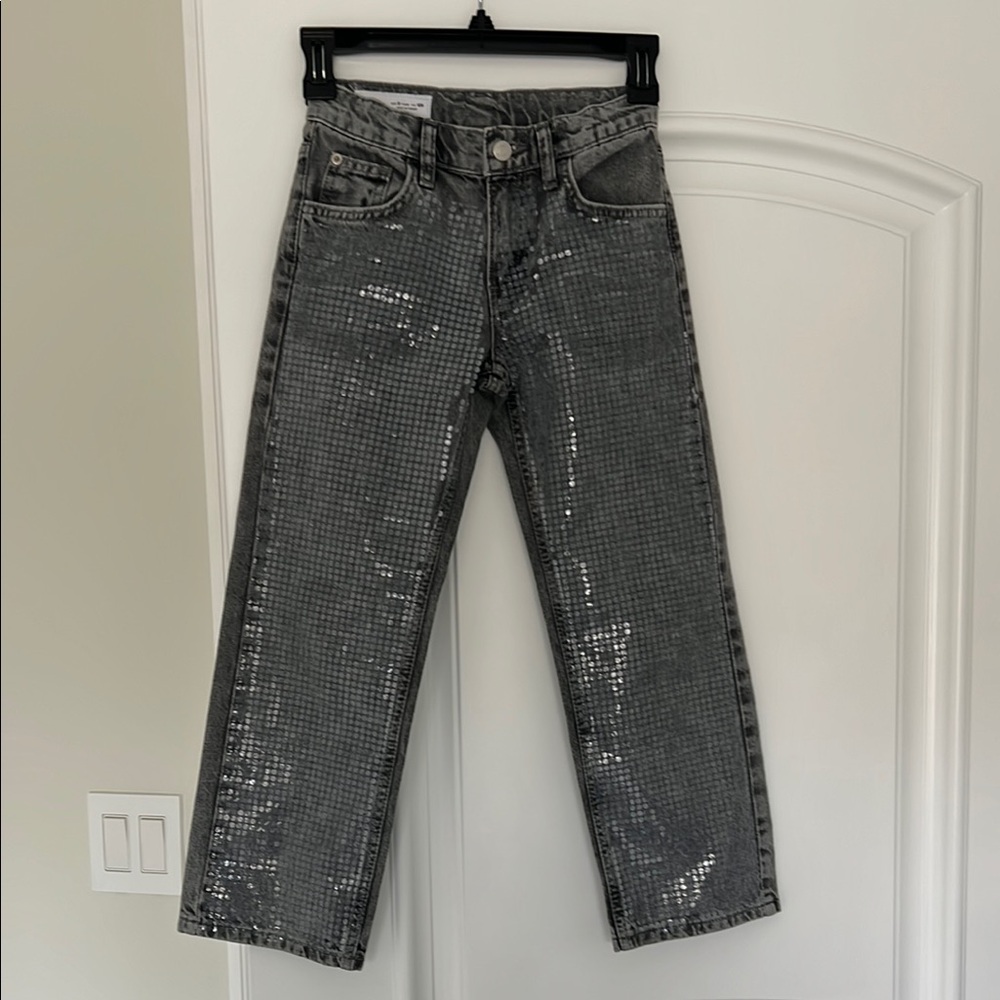 Zara Kids Gil’s Gray Sequin High-Rise Straight Jeans